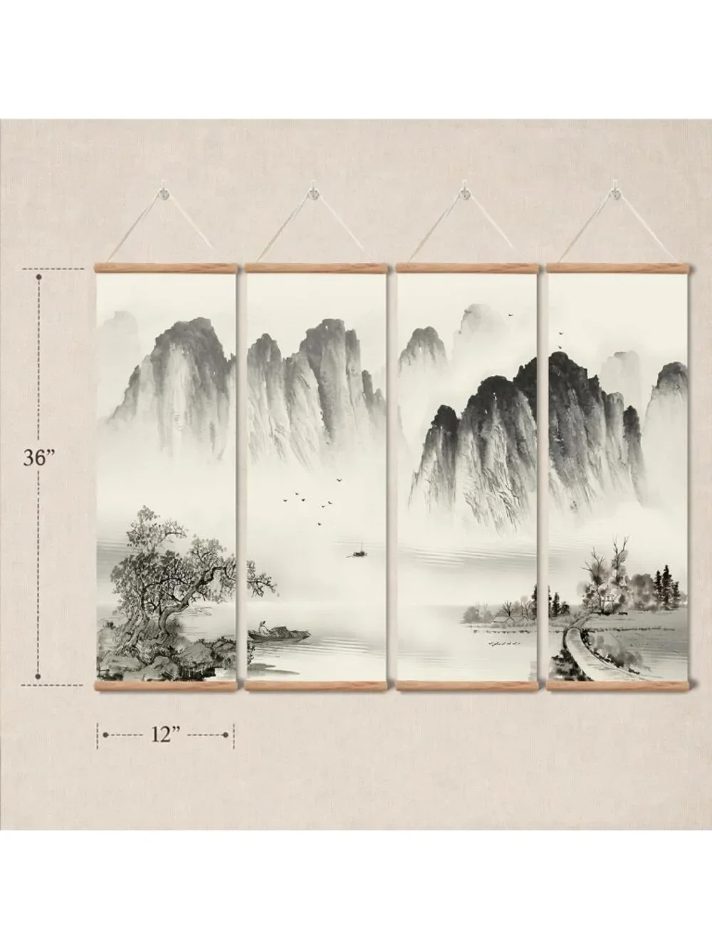 Chinese Ancient Landscape Scroll Wall Art Set - 4-Piece Wooden Decor for Home